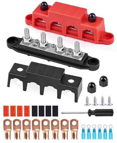 LAOYE 250A 12V Verteilerblock Sammelschienen 12V-48V mit 4 x M8 Klemmenbolzen, Hochleistungsmodul für Stromverteilung in Auto, RV, LKW, Schiff, Yacht und Solarenergie (Rot/Schwarz)