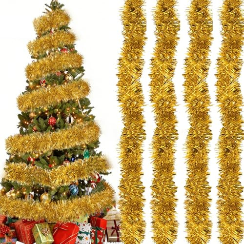 4 Stück Lametta Girlande Gold (8m Set) – Premium Weihnachtsbaum Girlande mit Frostspitzen-Optik, Extra Breit (9cm) – Wiederverwendbare Christbaum G-irlande für Edle Weihnachten & Party Deko