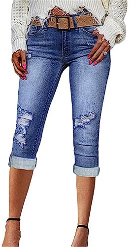 EGSDMNVSQ Jeans a 3/4 Donna Pantaloni Corti in Denim Estivo Jeans a Vita Alta Slim Fit Pantaloni a Tre Quarti con Fori Pantaloni Capri Strappati Pantaloni Jeans Skinny