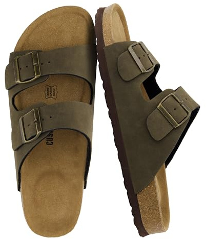 CUSHIONAIRE Lane Cork Footbed Mens Sandals, Adjustable Buckle Comfort Slides for Men, Genuine Leather Insole Summer Sandals Men Footwear, OLIVE 10