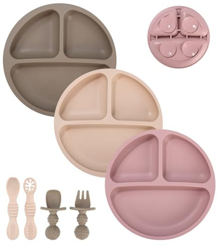 SOBEAU 7pc Silikon Kinderteller,Baby Teller Rutschfest Kinder Tischset mit Saugnäpfen,Geteilte Standfeste Babyteller mit 3 Speiseteller,4 Gabeln und Löffel,Spülmaschinen und mikrowellengeeignet
