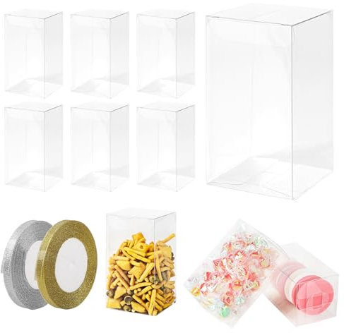 lalago 30pcs Kunststoff Geschenkbox Plastik Weihnachten Transparent Kunststoff Geschenkboxen für Verpackung Hochzeitsbevorzugungsboxen Süßigkeiten mit 2 Gold- und Silberbändern(5,5x5,5x10cm)