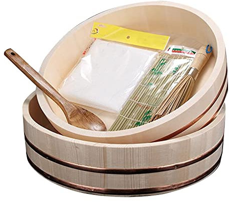 Copper Sided Wooden Sushi Making Kit, Suitable for Japanese and Korean Cuisine Sashimi Bibimbap Plate Barrel Tableware, Free Wooden Spatula Brush Cooking Rice Towel Sushi Curtain,30CM/ 12IN (Whit