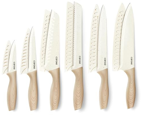 CAROTE 12PCS Knife set with Blade Guards,Granite Nonstick Ceramic Coating,Stainless Steel blade, Anti-Slip Handle, Essential Knives, Rustproof, White