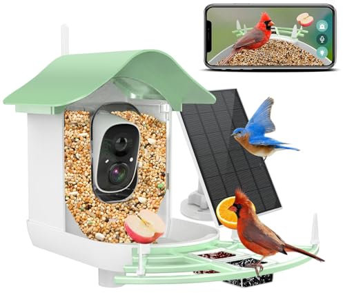 Smart Bird Feeder with Camera Solar Powered,AI Identify Species,2K HD Video Auto Capture Live for Outdoor Backyard,Ideal Gift for Family Bird Lovers (Green)