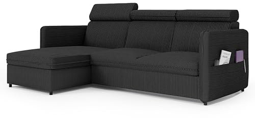 GREKPOL Sofa mit Schlaffunktion 160x220 - Schwarz Sofa Cord - Ecksofa mit Schlaffunktion und Bettkasten - Schlafsofa mit Bettkasten