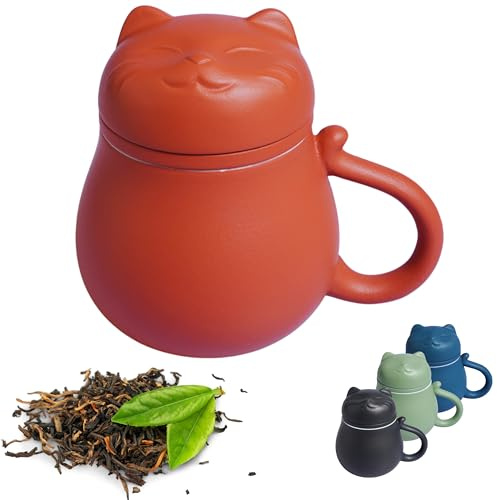 Kicura Keramik-Teetasse 400 ml mit Deckel und Sieb, Katzen-Design, für losen Tee und Kräutertee (Rot)