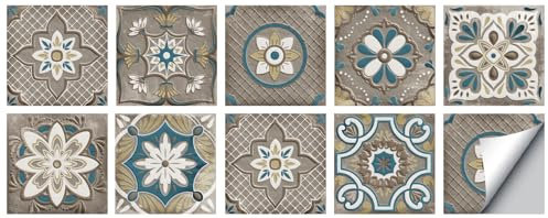 Fliesenaufkleber Retro Blume Selbstklebende Klebefliesen, Wandfliesen Aufkleber,Wasserdicht Fliesensticker Fur Kuche Badezimmer Dekorative Stickerfliesen,Wohnzimmer Dekoration20X20Cm