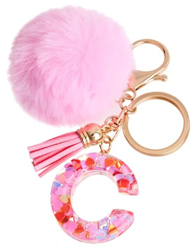 Vorysum Schlüsselanhänger Kinder Schlüssel Gold Schlüsselringe Herzförmig Buchstabe Anhänger Quaste Rosa Haarball Mit Anfangsbuchstaben Schlüsselanhänger Personalisiert Mädchen Keychain Geschenk（C）