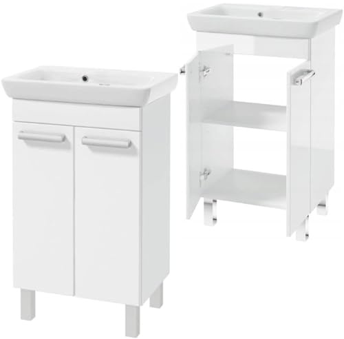 .Deftrans - Waschbeckenunterschrank mit Waschbecken 55 cm stehend, Badmöbel Set weiß Hochglanz mit Softclose, Waschtisch Gäste WC, Badezimmermöbel mit Keramik Waschbecken
