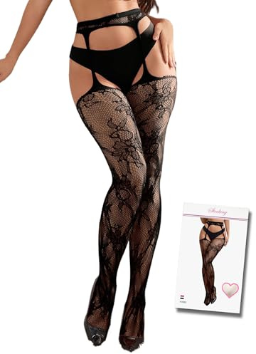 ohmydear Fishnet Suspender Tights for Women Plus Size High Waisted Garter Pantyhose Lace Patterned Thigh Highs Stretchy Sexy Stockings Black Fish Net Tight L-2XL