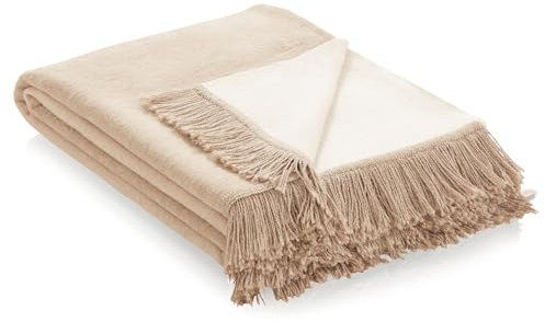 Como Kuscheldecke beige-Creme Wendedecke, gestrickte Wohndecke, 60% Baumwolle & 40% Polyacryl, 290 GSM, gesäumte Einfassung 130 x 170 cm
