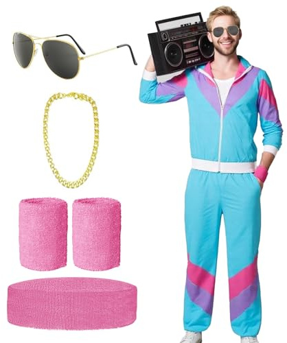 80er 90er Jahre Outfit Herren Damen, 6 Stück Blau Karneval Kostüm Trainingsanzug, Faschingskostüme Männer mit Goldkette Stirnband Armbänder Brille, Retro Anzug Kostüm für Karneval Theme Party (L)