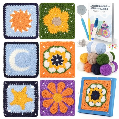 Coopay Granny Square Häkelset für Anfänger, 6 Granny Squares Häkel Set mit Schritt-für-Schritt Häkelanleitung, Anfänger DIY Crochet Set für Granny Square mit Häkelnadel, Häkelgarn,Häkelzubehör
