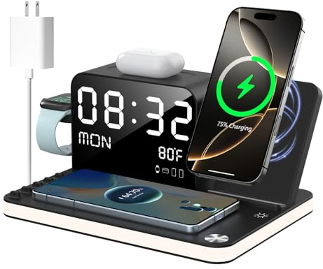 Charging Station,7 in 1 Dual Phone Wireless Charger with Clock,Bedside Charging Dock with Light,33W Adapter,TimeSync,Fast Charger for iPhone17 16 15 14 13 12 Pro Max Apple Watch Airpods (Black-2)