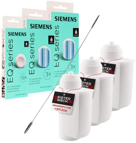 MEISTERZWECK4U Pflegeset Kaffeevollautomaten - 3x Wasserfilter, 2x Entkalkungstabletten, 1x Reinigungstabletten, Reinigungsbürste - Reinigungsset kompatibel mit Siemens, EQ Series, Supresso, Bosch