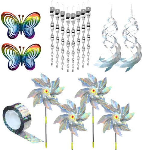 Set da 17 Pezzi Ruote a Vento repellenti per Uccelli,Repellente per Uccelli Riflettente,scaccia piccioni,Portare Farfalla Uccello，Deterrente,Spirale Riflettente,Nastro Repellente Antiuccelli