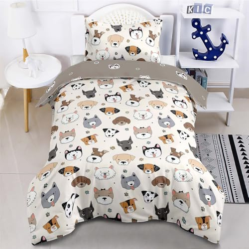 Highdi Single Duvet Cover Set Animal Printed, White Brown Dog Printed Single Bedding Set with 1 Pillow Case, Reversible 2 Side Kids Duvet Cover -135 x 200cm