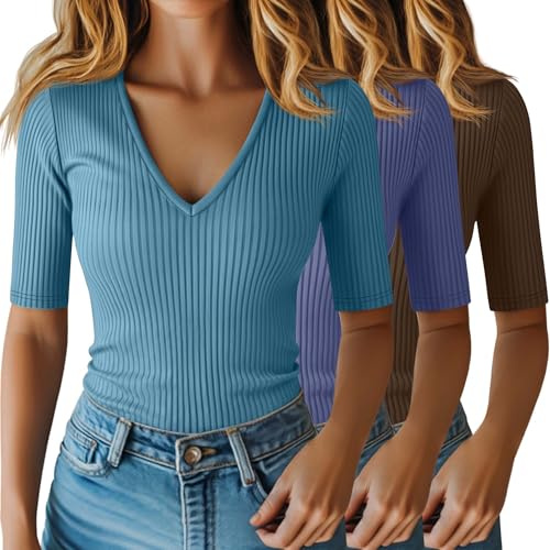 Riyiper Confezione da 3 Magliette da Donna a Maniche Corte in Cotone a Coste con Scollo a V e vestibilità Aderente