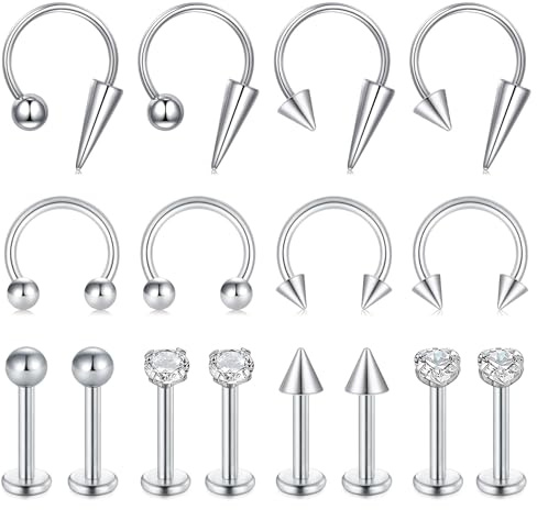 Zolure Lip Rings Medusa Piercing Jewelry 16g Horseshoe Labret Jewelry Lip Barbell Ring Spike Snake Bite Piercing Jewelry Tragus Helix Earrings Studs for Women Men 8mm 16PCS