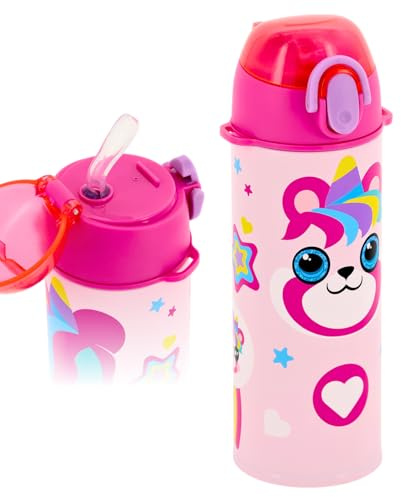 Julian Ross Borraccia Termica Bambina 500 ml con Cannuccia Pandacorno – Acciaio Inox Doppia Parete Sottovuoto, Tappo a Scatto, Senza BPA, Antigoccia – Scuola e Sport – Rosa