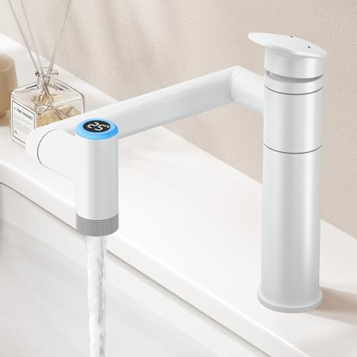 KAIYING 1080° Drehbare Wasserhahn Badezimmer, 1-Loch (Weiß) | Waschtischarmatur mit temperaturanzeige (batterielos). Höhenverstellbare waschtischarmaturen. 2 Modi waschbeckenarmatur bad..