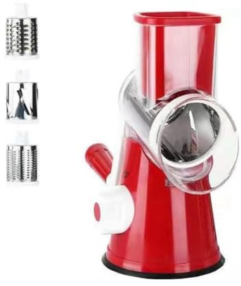 Sunmeit Affettatrice Rotativa Manuale per da Cucina, Grattugia per Formaggio, Tritatutto con 3 Tamburi Affilati nel Acciaio Inossidabile Rosso