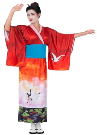 My Other Me - Disfraz Geisha mujer, talla L. Incluye kimono con estampado de grullas y paisaje, escote en V con franja blanca estampada en ondas rojas, mangas amplias y cinturón azul.