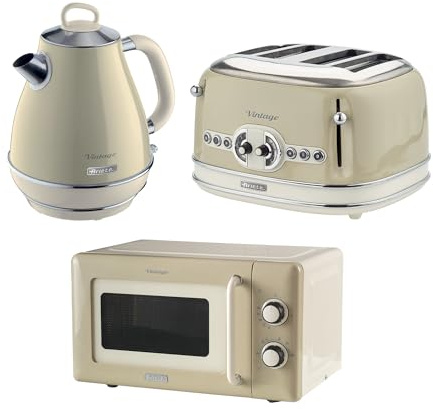 Ariete Vintage Breakfast Set, Retro 4-Slice Toaster with 6 Browning Levels, 2000W Fast-Boil 1.7L Kettle & 800W Microwave, Cream