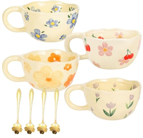 4 Pièces Tasse en Céramique avec Cuiller, 250 ml Tasses à Café en Céramique, Tasses à Café Créative Faite à la Main, Tasse à Fleurs avec Cuillère Cadeau d'Anniversaire pour Café au Lait Filles Femmes