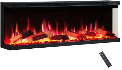 FLAMEKO 50 Wall Mounted Electric Fireplace, Premium Logs, Leura, Black | With 900W-1.8kW Heater, 8 Colour LED Flame Effect, 3-Sided Panoramic View, Remote Control, Premium Logs & Crystals Included