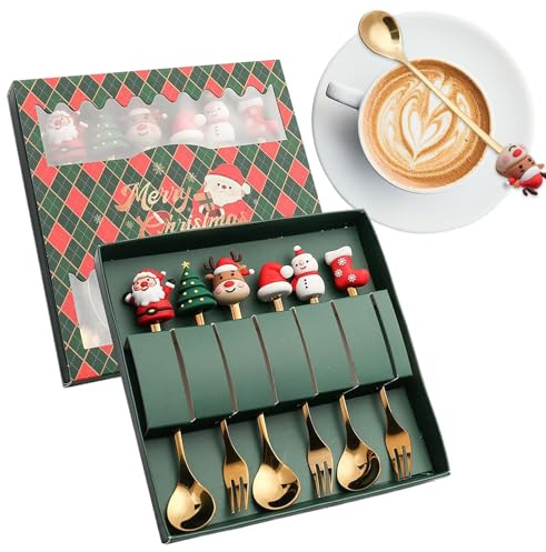 Set Di 6 Cucchiai E Forchette Da Caffè Natalizi, Cucchiai Da Tavola E Forchette Da Dessert In Acciaio Inossidabile Con Disegni Di Pupazzi Di Neve E Babbo Natale, Lavabili In Lavastoviglie