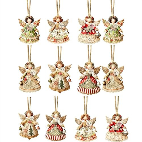 Wood Angel Christmas Ornaments, 12pcs Angel Doll Pendant Xmas Tree Hanging Decorations Rustic Small Angel Figure for Holiday Fireplace Party Home Decor