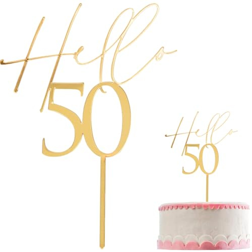 JYSNOW Cake Topper 50, Rigide, Résistant aux Pliures Doré | Matériau Acrylique | Facile à Insérer | Bords Lisses | Design Sobre et élégant, 14*9 cm, pour Anniversaires et Mariages