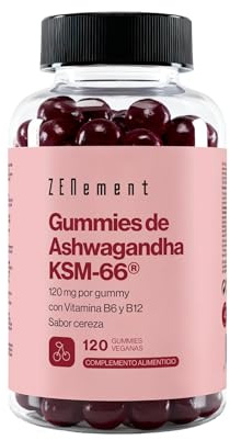 Gommes à l’Ashwagandha KSM-66® avec Vitamines B6 et B12-1500 mg de Racine d’Ashwagandha (120 mg d’Extrait par Gomme) - 120 Gommes Véganes Goût Cerise - 4 Mois d’Approvisionnement – Zenement