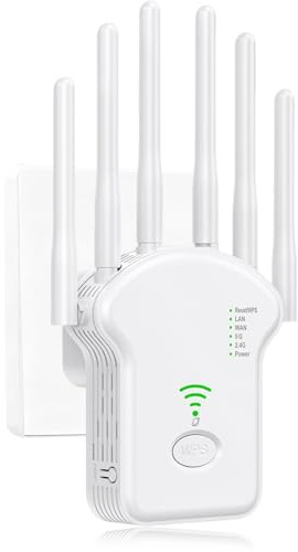 Amplificatore Wifi Extender 1200Mbps,Ripetitore WiFi Potente per Casa Amplificatore Segnale WiFi Dual Band (2.4GHz/5GHz) con Porta LAN, 6 Antenne Esterni Copertura Completa a 360°per Casa e Ufficio