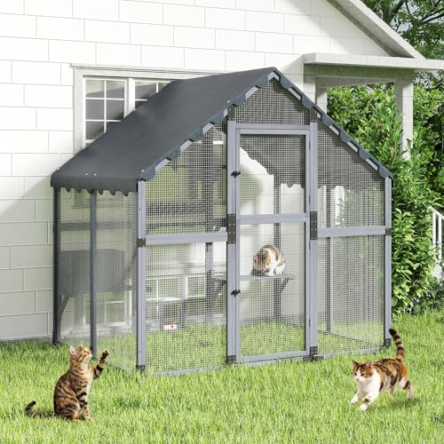 4.63m³ Large Wooden Catio Outdoor Cat Enclosure, Weather-Resistant Roof | 184×136×185cm | Window/Pet Door Connectable | Cat Tunnel Ready | Multi-Level Platforms | Predator-Resistant | Walk-in Door