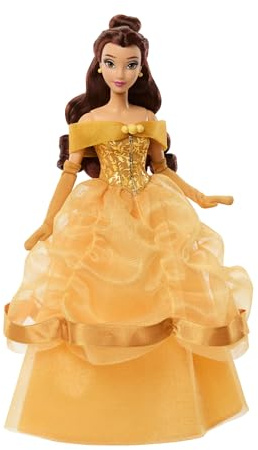 Mattel Disney Princess Belle, Sparkling Princess-modedocka och accessoarer, avtagbar klänning, skor och örhängen, inspirerad av filmen Skönheten och Odjuret,JLK31