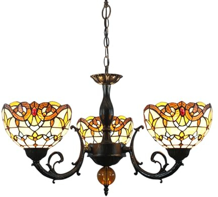Lampadario in vetro colorato Tiffany a 3 teste, plafoniera da 8 pollici, lampada a sospensione in stile barocco vintage giallo, per sala da pranzo, soggiorno, camera da letto, ristorante, corridoio