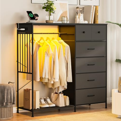 Aptliton Dresser with Hanging Rack for Bedroom, 6 Drawer Dresser with LED Lights & Charging Station, Fabric Dressers & Chest of Drawers, Storage Organizer for Living Room, Bedroom, Kids Room