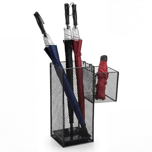 TOLIDA Black Metal Umbrella Stand Holder with Removable Drip Tray | Heavy Duty, Mesh Storage Rack, For Long-handled & Folding Umbrella, Hallway Entryway, Walking Stick Holder, Golf holder