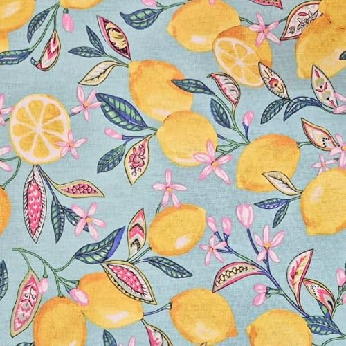 Stoff Meterware Zitronen Citronnier Baumwollstoff Sommerlicher Stoff mit Zitronen & Blüten auf Türkis – Bekleidungsstoff & Dekostoff für Kleider, Taschen, Bettwäsche & Vorhänge Werthers Stoffe
