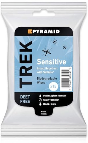 Trek Insect Repellent Wipes with Saltidin - DEET Free, Suitable for Sensitive Skin, Children 2+ Years & Pregant Women - Consists of 15x Mosquito Repellent Wipes in 1 Pack - 100% Biodegradable