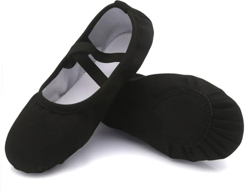 Acfoda Leinwand Ballettschuhe Mädchen Flache Ballettschläppchen Kinder Leicht Weich Schläppchen Ballerinas Tanz Gymnastik Schuhe mit Geteilter Ledersohle Schwarz Gr.39