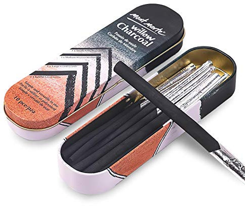Mont Marte Zeichenkohle Set – 10 Stück in verschiedenen Größen – Kohlestifte in Schwarz – Ideale Zeichenstifte in Aluminium Case
