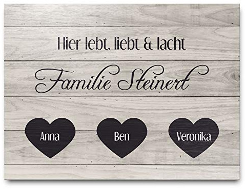 Namensschilder aus Holz für die Haustür mit Namen - Hier liebt, lebt und lacht - Türschilder mit Familiennamen und Herzen zum Aufhängen Selbstklebend oder mit Bohrlöchern
