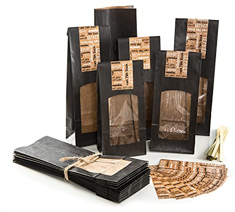 Logbuch-Verlag 25 Blockbodenbeutel mit Sichtfenster schwarz 8,5 x 5 x 26,5 cm mit Aufkleber SELBSTGEMACHT - Verpackung Lebensmittel Tee