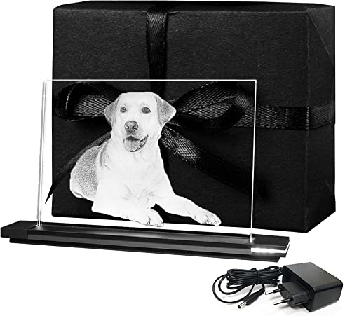 LOOXIS Personalisiertes Laser-Foto vom eigenen Bild in Flachglas gelasert mit Wunschgravur - 130 x 180 x 8 mm, inkl Leuchtsockel – Geschenkidee Männer, Frauen, Hochzeitstag, Geburtstag – L Querformat