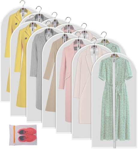 MsKitchen Clear Garment Bags Hanging Clothes Bags (Set of 12) for Closet Storage Plastic Bag with Zipper for Suit, Sweaters Travel Laundry Wardrobe Closet Garment Dust Cover Bags - 24'' x 48''/12 Pack