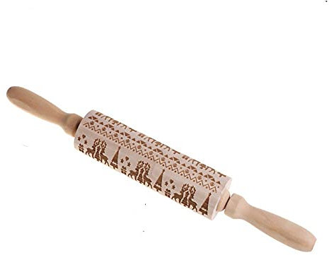 NC - Mattarello in legno 3D con incisione, per bambini e adulti, per fare biscotti e pasta da cucina, con motivo natalizio
